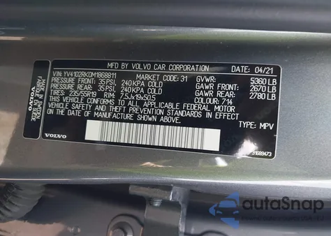 2021 Volvo Xc60 T5 Momentum из США, поврежденный, VIN YV4102RK0M1868811